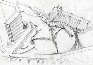 Artist's drawing of riverfront development