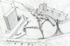 Artist's drawing of riverfront development