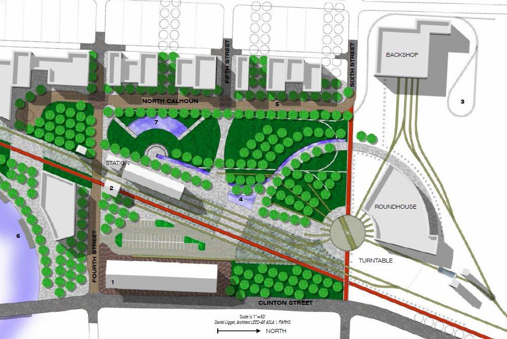 Legacy Fort Wayne calls railroad, riverfront idea “Bold, transformative” Headwaters Junction conceptual drawing.