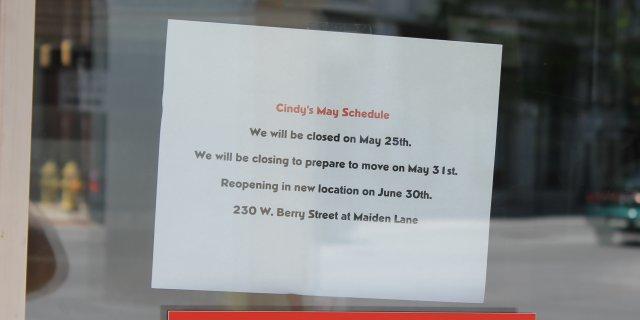 Photos of new location prep work and Cindy’s Diner to close on May 31st Sign in Cindy's Diner window announcing closure