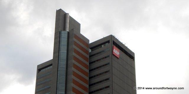 Sign installation on the Indiana Michigan Power Center New signage on the Indiana Michigan Power Center