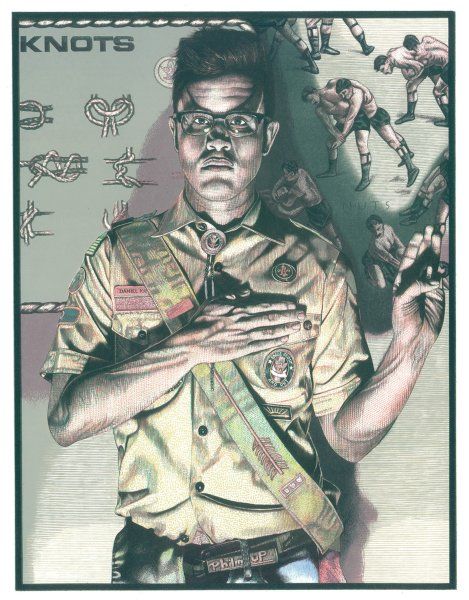 The 37th National Print Exhibition @Artlink Artlink - Mark Sisson, Portrait of Daniel King; Scouting For Men and Boys, woodcut, linocut, lithograph